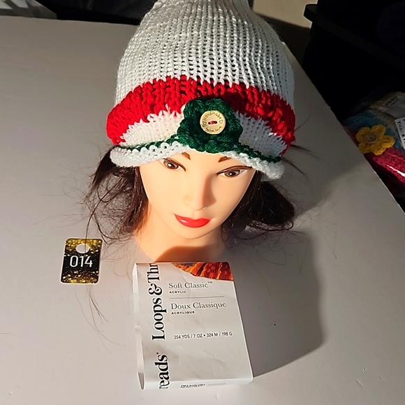 Hand Crafted Holiday Pom Pom Beanie Handmade white red and green floral detail - Picture 4 of 17